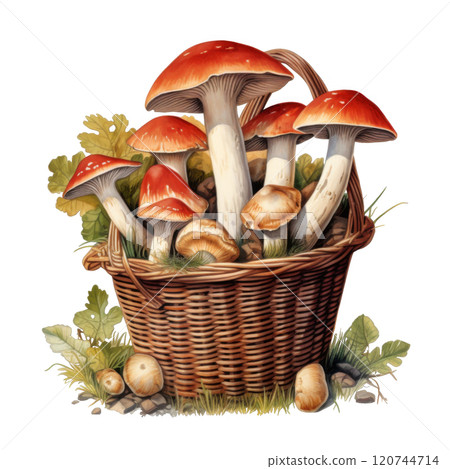 A Basket of Red and Brown Mushrooms with Oak Leaves and Grass 120744714