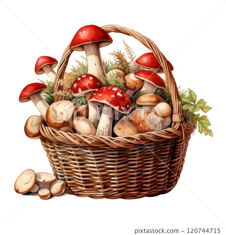 Wicker Basket Filled with Red and Brown Mushrooms 120744715
