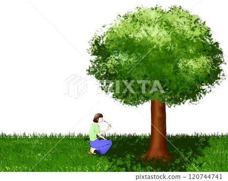 A girl picking flowers in the shade A girl picking flowers in the shade 120744741
