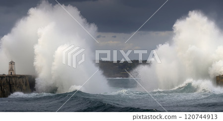 Image of a big wave crashing on the shore AI-generated image 120744913