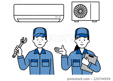 Male and female repairmen solving air conditioner problems Male and female repairmen solving air conditioner problems 120744939