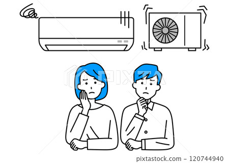 Casual men and women considering repairing or replacing their air conditioner 120744940