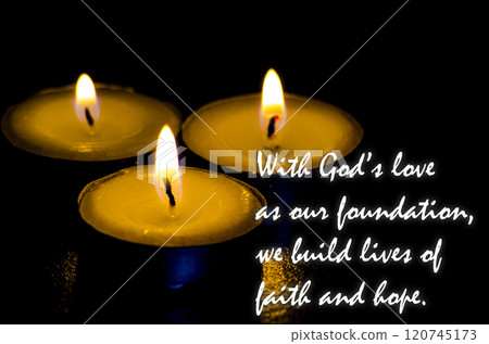 Christianity prayer and quotes regarding faith and God with Holy Rosary, Bible and burning candles background. Religious concept Christianity prayer and quotes regarding faith and God with Holy Rosary, Bible and burning candles background. Religious concept 120745173