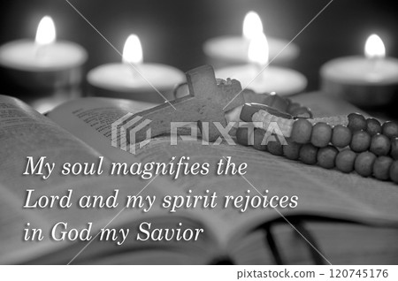 Christianity Praise and Worship text with Holy Rosary on a Holy Bible. Christian praise and worship concept 120745176