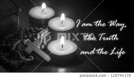 I am the Way and the Light text quoted from Holy Bible with Holy Rosary, Bible and burning candles background. Religious concept 120745178