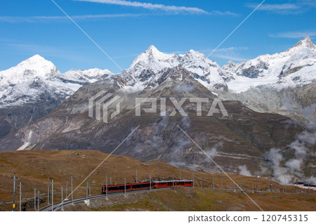 View of the Valais mountain range from the Gornergrat Railway, Zermatt, Switzerland 120745315