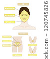 Image illustration of vector data of white background indicating the whole body of the hair removal esthetics of young Asians 120745826