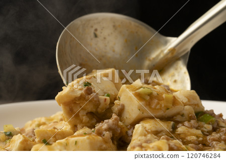 Ladle the mapo tofu onto a plate. Ladle the mapo tofu onto a plate. 120746284