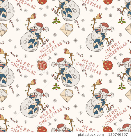Christmas color seamless contour illustration in the style of childrens doodle A snowman with a bell ringing Christmas color seamless contour illustration in the style of childrens doodle A snowman with a bell ringing 120746597