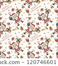 Christmas color seamless contour illustration in the style of childrens doodle Santa Claus holds gifts 120746601
