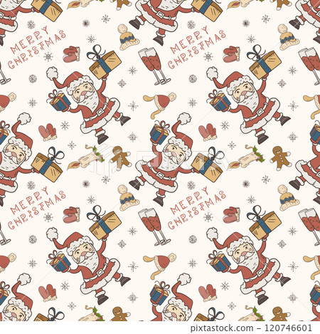 Christmas color seamless contour illustration in the style of childrens doodle Santa Claus holds gifts 120746601