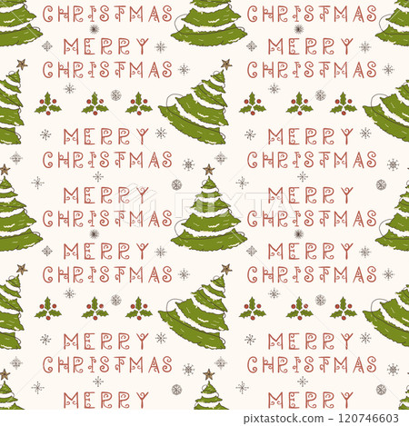 Christmas color seamless contour illustration in the style of childrens doodles Festive fir tree and greeting inscription 120746603