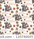 Christmas seamless color contour illustration in the style of childrens doodle a bear toy in a Santa hat 120746605