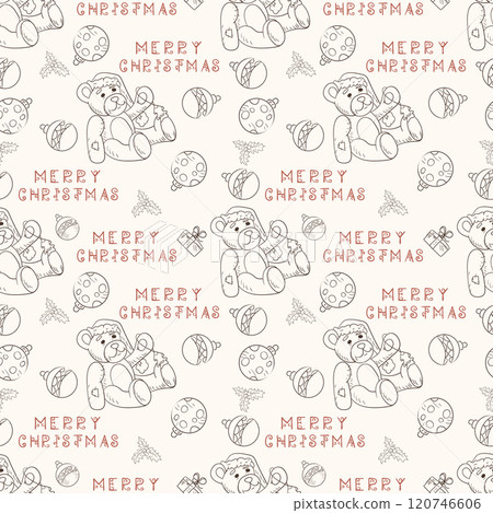 Christmas seamless contour illustration in the style of childrens doodle a bear toy in a Santa hat Christmas seamless contour illustration in the style of childrens doodle a bear toy in a Santa hat 120746606