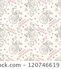 Christmas seamless contour illustration in the style of childrens doodle A snowman with a bell ringing 120746619