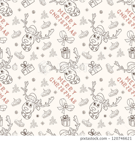 Christmas seamless contour illustration in the style of childrens doodle Christmas deer 120746621