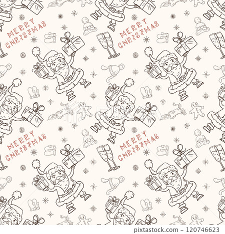 Christmas seamless contour illustration in the style of childrens doodle Santa Claus holds gifts 120746623
