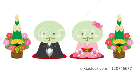 可愛的十二生肖系列和服、蛇年情侶和新年裝飾門松、蛇/男人和女人/新年祝福 120746677
