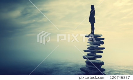 Solitary figure stands atop a rock stack overlooking a misty sea. 120746887