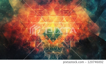 Abstract cosmic artwork with geometric patterns and vibrant colors. 120746892