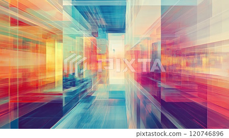 Abstract colorful geometric shapes forming a futuristic city or digital space. 120746896