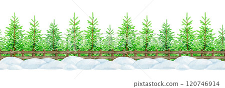 Winter season seamless border decor with pine trees, rustic fence and snow piles. Hand-painted vintage style illustration. Perfect for holiday designs, cards, and festive decorations 120746914