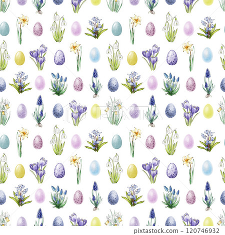Easter mood seamless pattern with spring primrose flowers and painted eggs in tender colors on white background. Perfect for Easter spring decor, backgrounds, gift wrap, holiday project 120746932