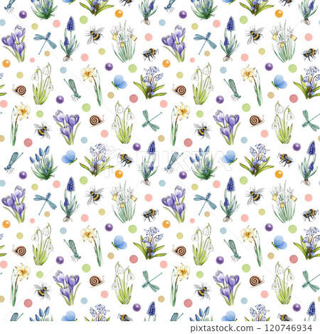 Springtime mood seamless pattern in tender colors with primrose garden flowers, bees, butterflies on white background. Ideal for spring season decor element, seasonal cards, spring-themed design Springtime mood seamless pattern in tender colors with primrose garden flowers, bees, butterflies on white background. Ideal for spring season decor element, seasonal cards, spring-themed design 120746934