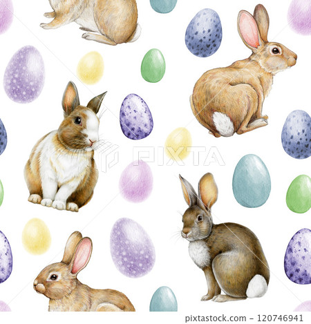 Cute bunnies colorful painted eggs Easter seamless pattern on white background. Hand drawn illustration. Perfect for spring mood decor, Easter backgrounds, gift wrap, festive holiday designs 120746941