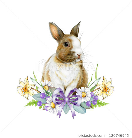 Easter mood festive decor with cute bunny surrounded by daisy, daffodil flowers illustration. Realistic detailed, perfect for holiday decor, cards and seasonal designs. Isolated on white background Easter mood festive decor with cute bunny surrounded by daisy, daffodil flowers illustration. Realistic detailed, perfect for holiday decor, cards and seasonal designs. Isolated on white background 120746945