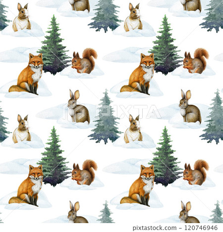 Winter season forest animals seamless pattern hand drawn illustration. Winter time wildlife nature decor element on white background. Perfect for Christmas mood design, decoration, print, wrapping 120746946