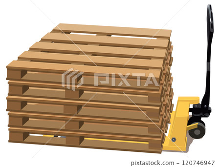 Yellow hydraulic pallet truck trolley and stack of wooden pallets 120746947