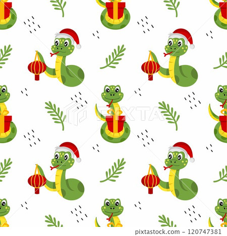 Seamless endless pattern with cute New Year snakes. Decorative element of postcard. Background for printing on fabric and wrapping paper. symbol of year 2025 according to Eastern calendar 120747381