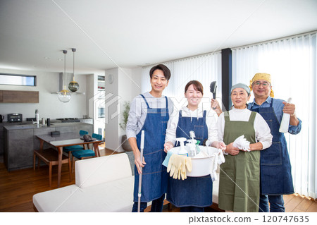 Spring cleaning, two generations of Japanese parents and children Spring cleaning, two generations of Japanese parents and children 120747635