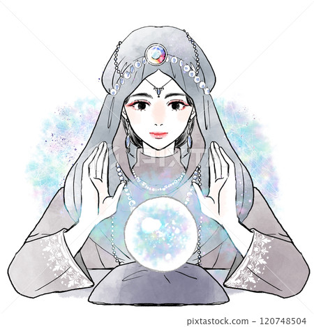A woman fortune teller holds her hand over a crystal 120748504