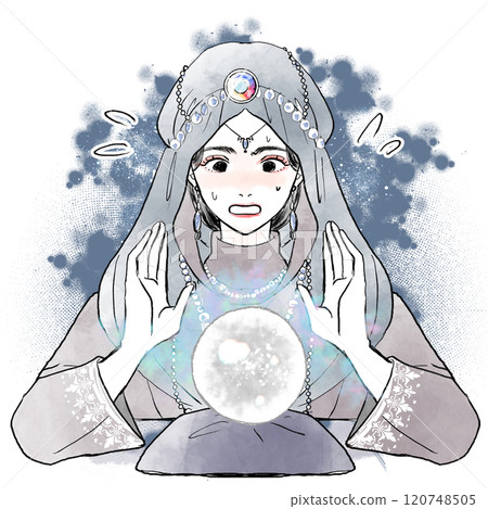 A female fortune teller is surprised as she holds her hand over a crystal 120748505