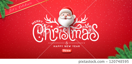 Merry Christmas text message, Cute Santa character, pine leave greeting card banner design 120748595