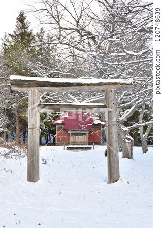 拍攝北海道森町宿延神社境內冬季的雪景 120748639