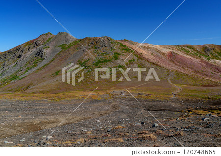 Climbing Mount Daisetsu: Asahidake to Susoaidaira round trip course. Autumn foliage of Japan's 100 famous mountains. A spectacular view of Hokkaido. 120748665