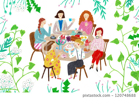 手繪插圖：婦女圍著綠色植物的桌子吃飯 120748688