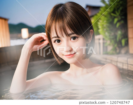 Young woman bathing in an open-air hot spring bath under blue sky Young woman bathing in an open-air hot spring bath under blue sky 120748747