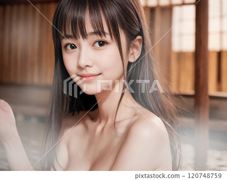 Young woman bathing in an open-air hot spring bath at night 120748759