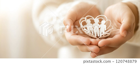 Symbolic family care with hands holding paper family members 120748879