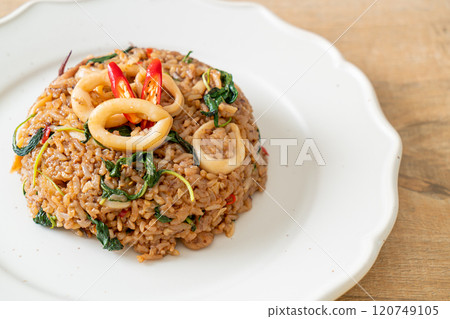 fried rice with squid and basil in Thai style fried rice with squid and basil in Thai style 120749105