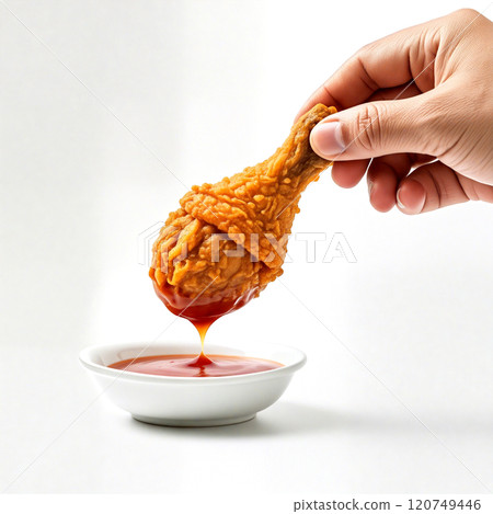 Hand dipping breaded fried chicken leg into tomato sauce Hand dipping breaded fried chicken leg into tomato sauce 120749446