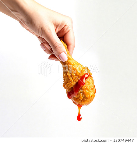 Woman hand holding tasty fried chicken drumstick dripping with ketchup on white background Woman hand holding tasty fried chicken drumstick dripping with ketchup on white background 120749447