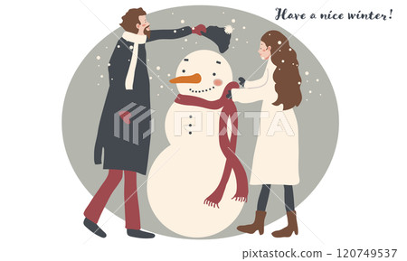 一對年輕夫婦在寒冷的冬日堆雪人的手繪插圖 120749537