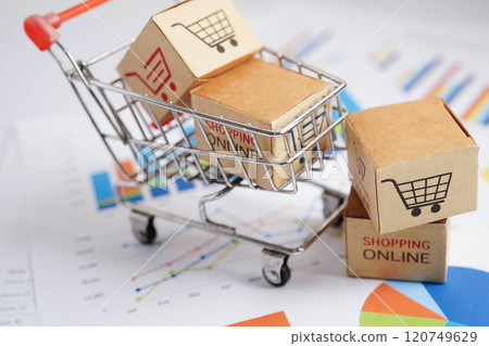 Online shopping, Shopping cart box on business graph, import export, finance commerce. 120749629