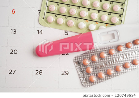 Pregnancy test with birth control pills for female of ovulation day, fetus, maternity, childbirth. 120749654
