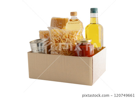 Foodstuffs in donation box for volunteer to help people. Foodstuffs in donation box for volunteer to help people. 120749661